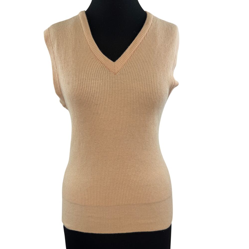VINTAGE Peach Beige Sweater Vest Wool Ribbed Knit V-Neck Pullover Size Small S